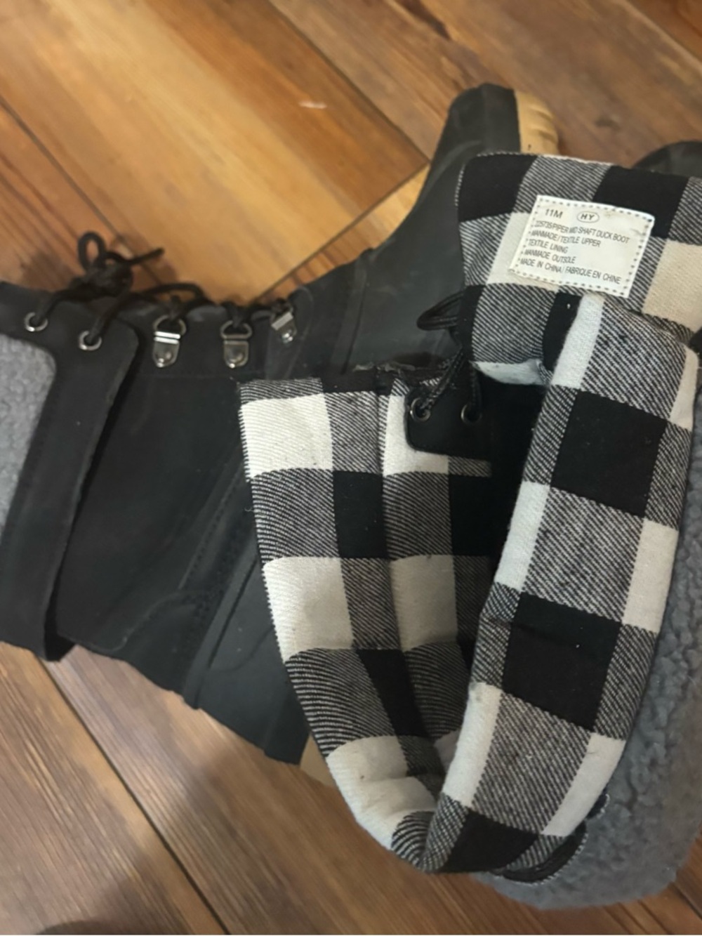Maurices Black Winter Rain Boots with Black & White Buffalo Plaid Cuff